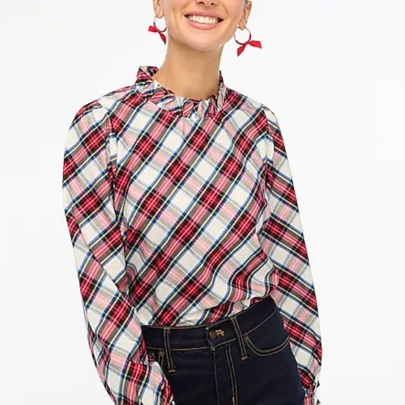 J. Crew Factory Tops - J. Crew Poplin Ruffleneck Top #BM029 Plaid Preppy Blouse NEW Summer Classic Chic